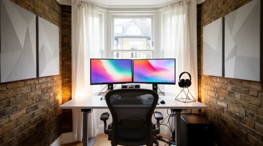 Professional video editing workspace in a compact London flat featuring ergonomic setup and modern equipment