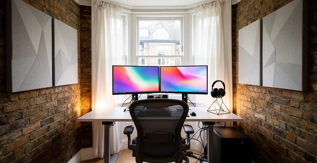 Professional video editing workspace in a compact London flat featuring ergonomic setup and modern equipment