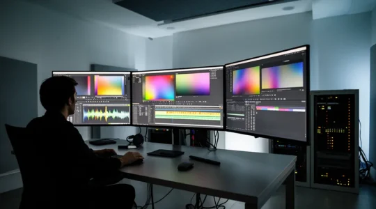 Professional video editor working with 8K footage in modern studio with multiple screens and storage systems