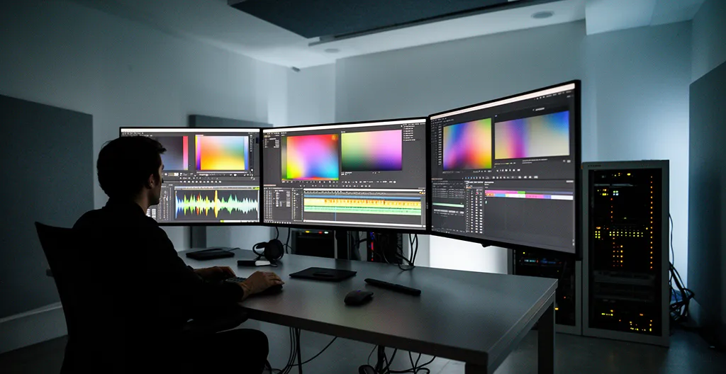 Professional video editor working with 8K footage in modern studio with multiple screens and storage systems