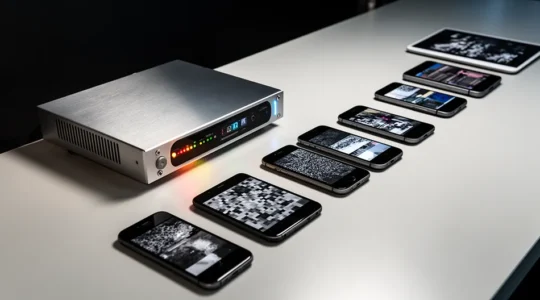 Professional streaming encoder setup with multiple mobile devices showing different video quality levels