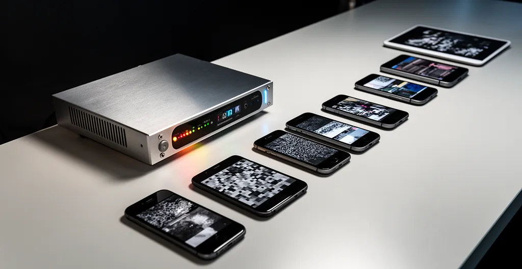 Professional streaming encoder setup with multiple mobile devices showing different video quality levels