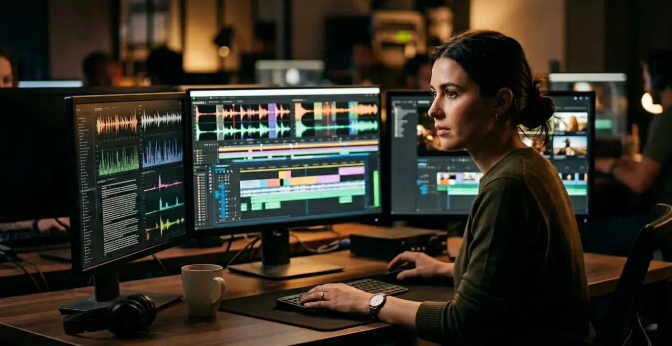 Modern editing suite showing human and AI collaboration in video post-production