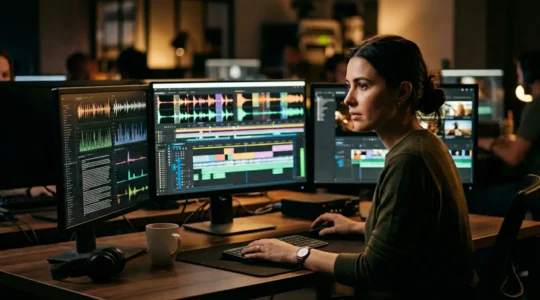 Modern editing suite showing human and AI collaboration in video post-production
