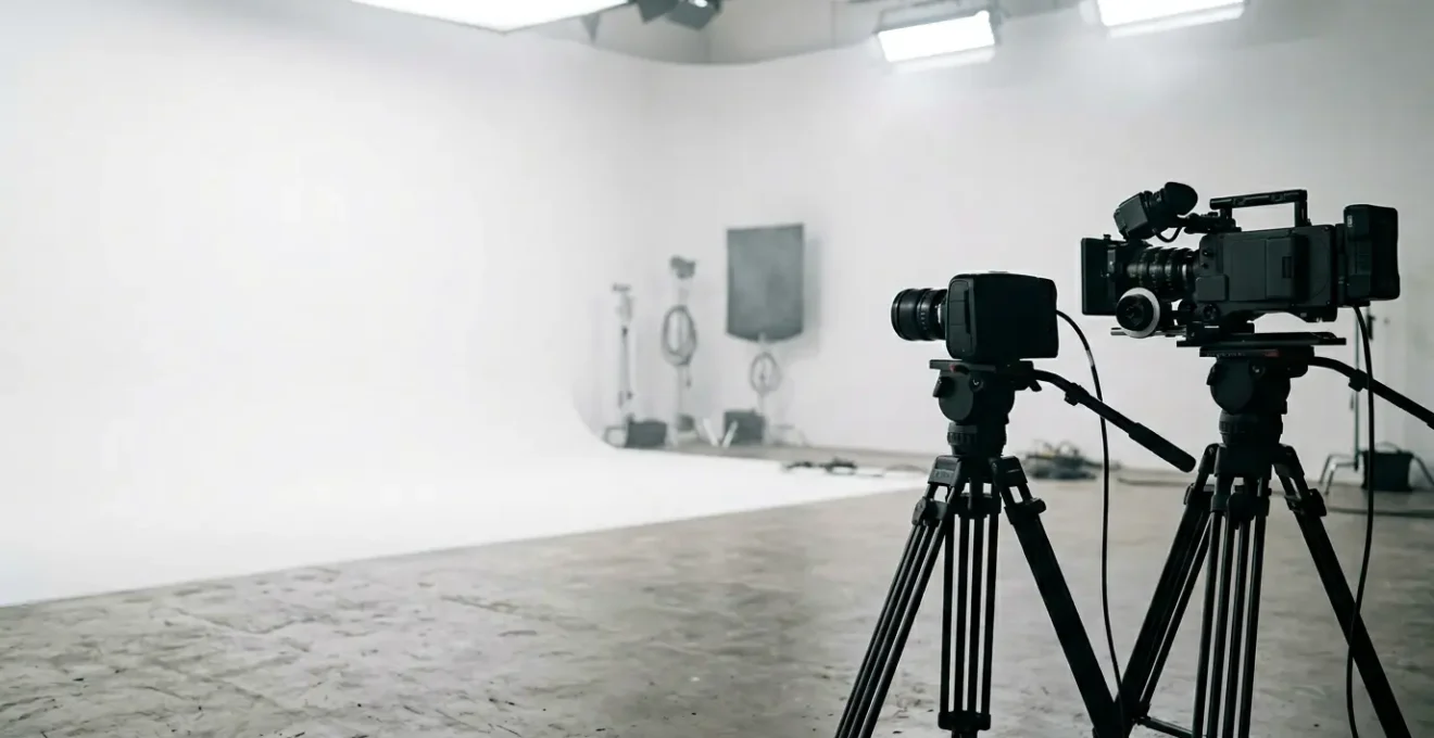 Professional cinema camera setup in commercial production environment with dramatic lighting