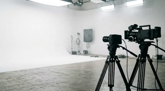 Professional cinema camera setup in commercial production environment with dramatic lighting