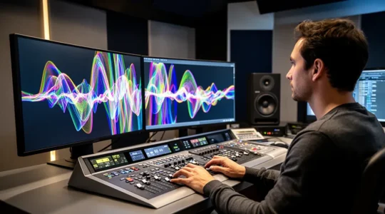 Audio engineer working on spectral editing in a professional studio environment