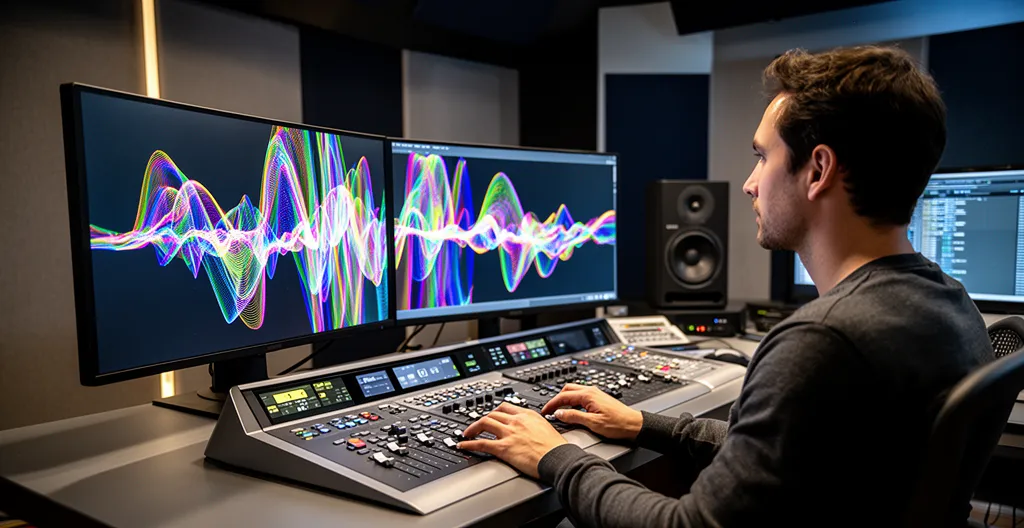 Audio engineer working on spectral editing in a professional studio environment