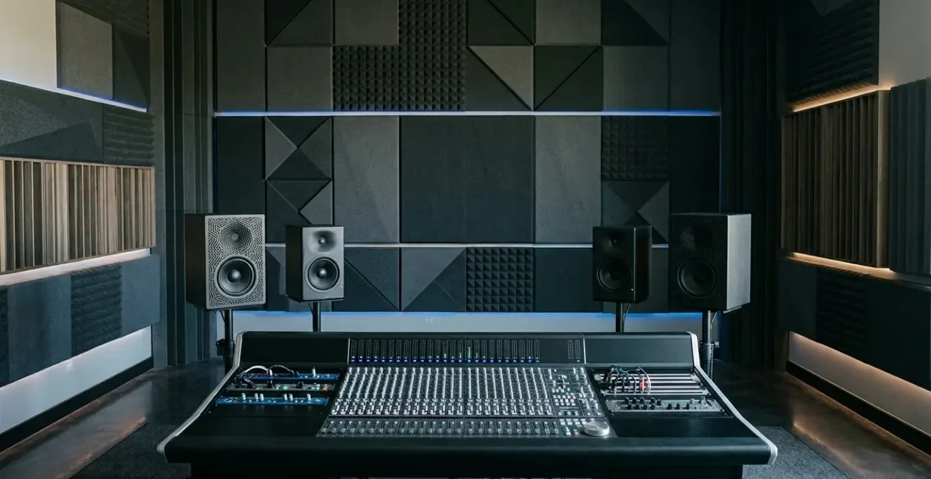 Professional sound engineer mixing audio with dialogue and music waveforms on monitoring speakers