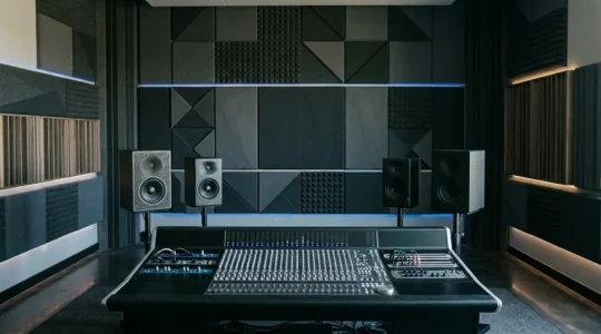 Professional sound engineer mixing audio with dialogue and music waveforms on monitoring speakers
