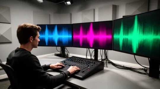 Professional audio engineer adjusting waveforms on a high-end mixing console in a studio environment