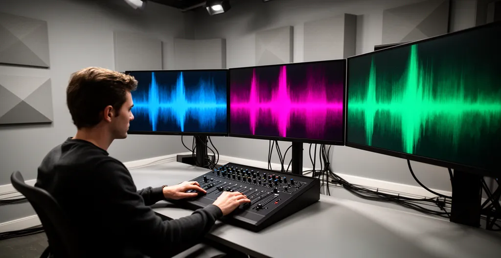Professional audio engineer adjusting waveforms on a high-end mixing console in a studio environment