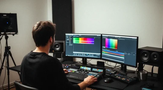 Professional video colorist working with brand color palettes in modern production studio