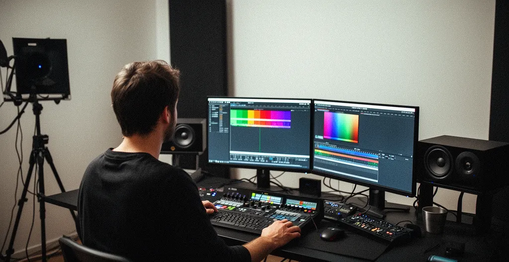 Professional video colorist working with brand color palettes in modern production studio