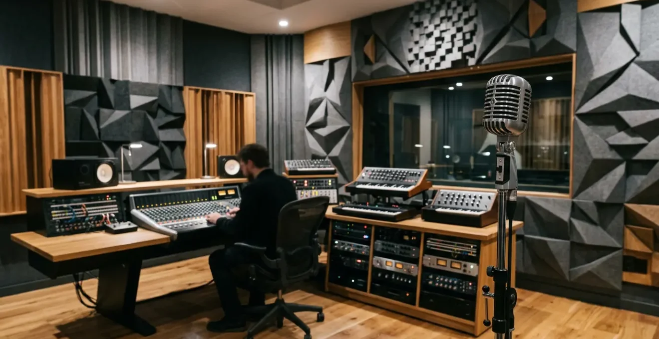 Professional recording studio setup showing sound wave patterns and musical instruments for audio branding