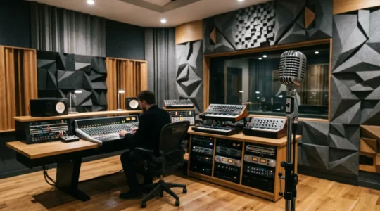 Professional recording studio setup showing sound wave patterns and musical instruments for audio branding