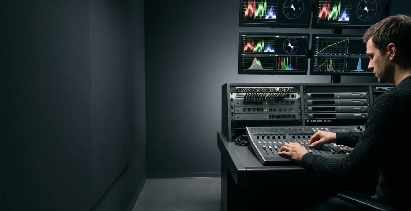 Professional video editing studio setup with color grading monitors and broadcast equipment for UK TV master file export