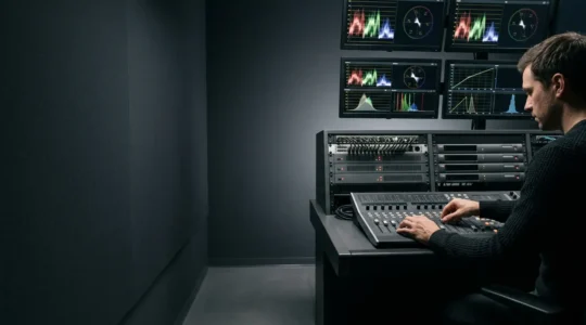 Professional video editing studio setup with color grading monitors and broadcast equipment for UK TV master file export