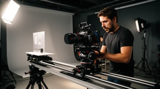 Professional video production scene showcasing dynamic camera movement techniques in a modern studio environment