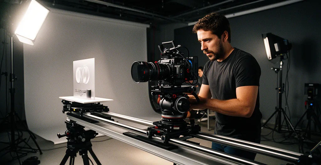 Professional video production scene showcasing dynamic camera movement techniques in a modern studio environment