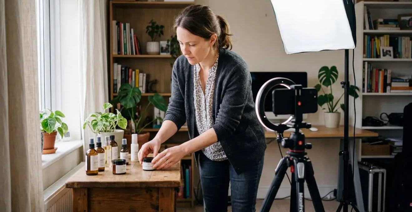 Content marketer filming product video with smartphone setup for marketing campaign