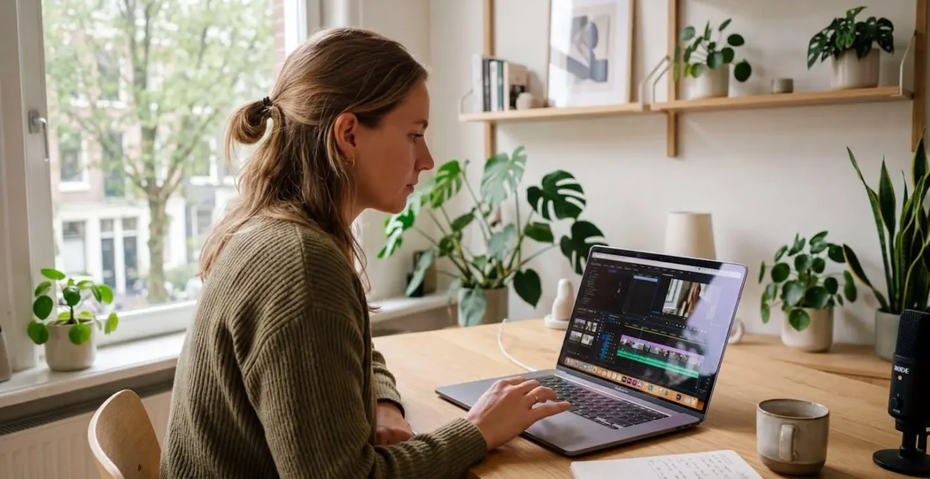 Content creator reviewing video trimmer timeline on laptop in home office