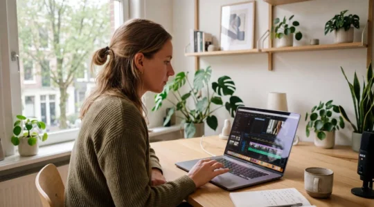 Content creator reviewing video trimmer timeline on laptop in home office