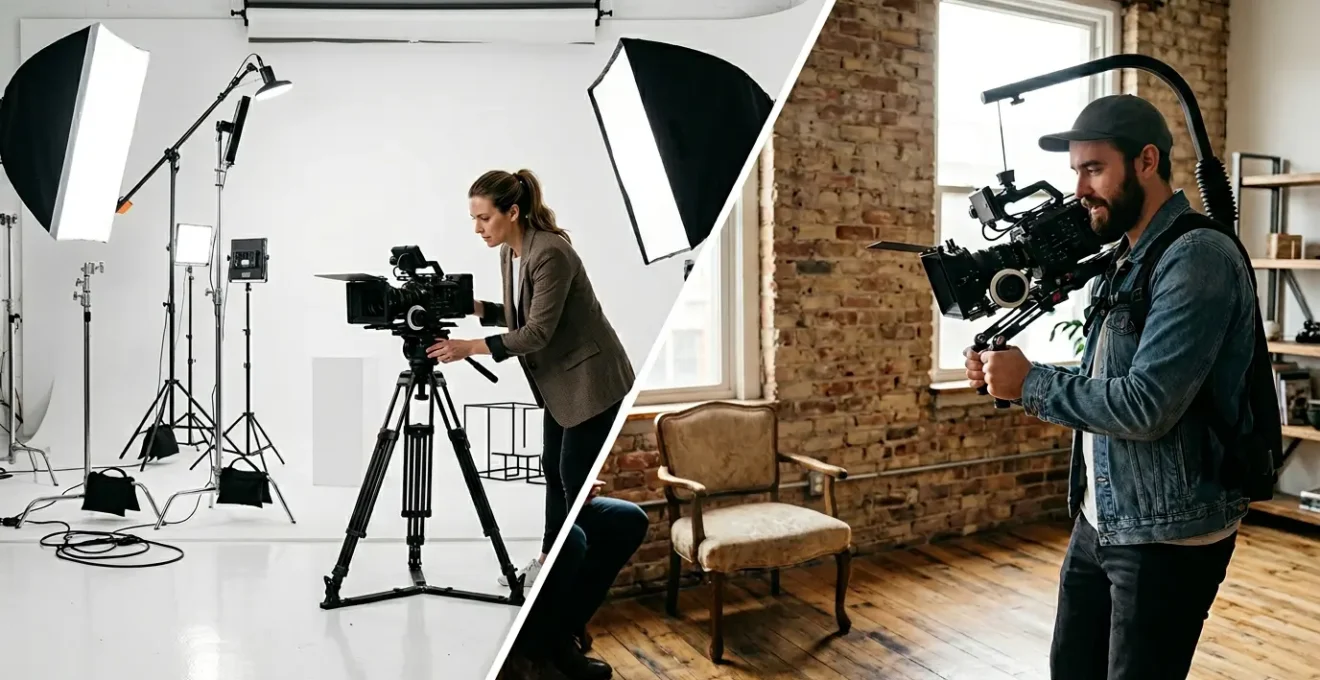 Split composition showing contrasting video production aesthetics with modern corporate brightness and raw documentary authenticity