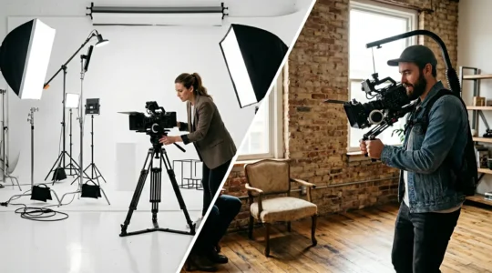 Split composition showing contrasting video production aesthetics with modern corporate brightness and raw documentary authenticity
