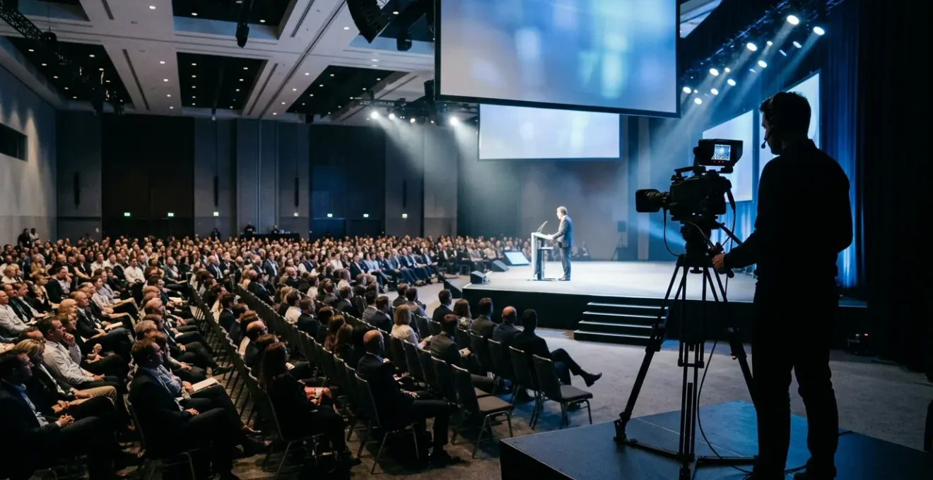 Professional videographer filming keynote speaker at corporate summit with multiple camera setup