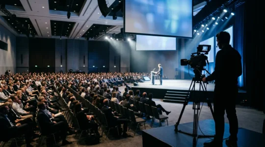 Professional videographer filming keynote speaker at corporate summit with multiple camera setup