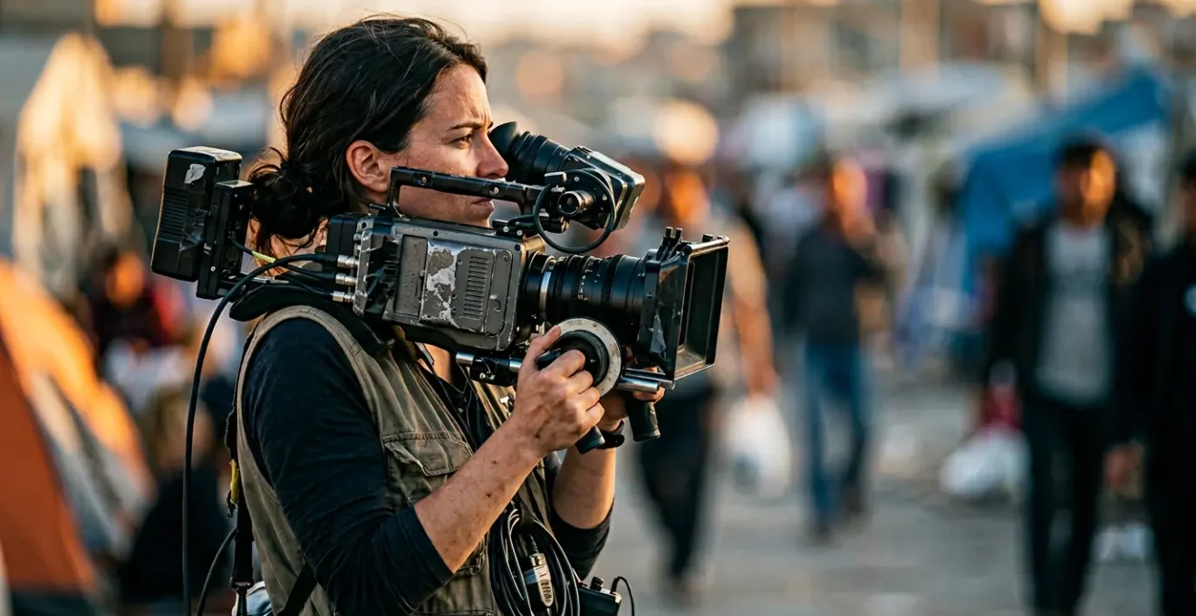 Documentary filmmaker with shoulder-mounted camera capturing subject in natural environment