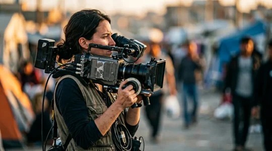 Documentary filmmaker with shoulder-mounted camera capturing subject in natural environment