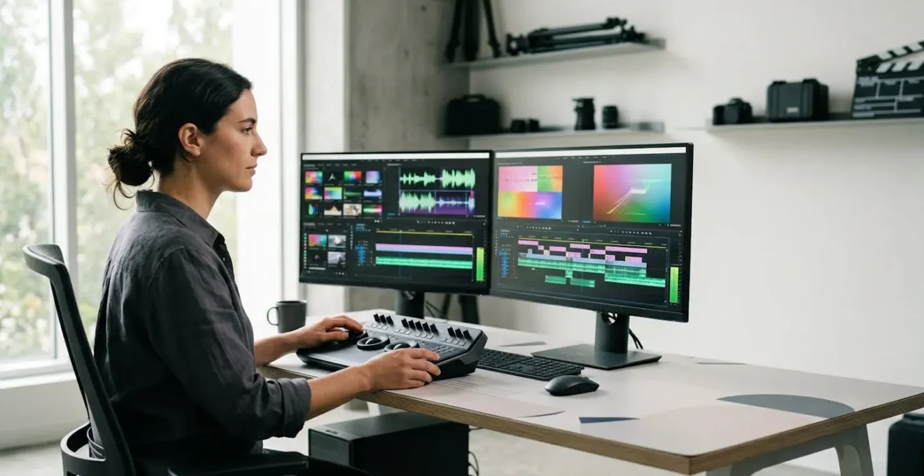 Professional filmmaker editing showreel in modern studio with dual monitors displaying timeline