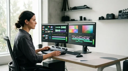 Professional filmmaker editing showreel in modern studio with dual monitors displaying timeline