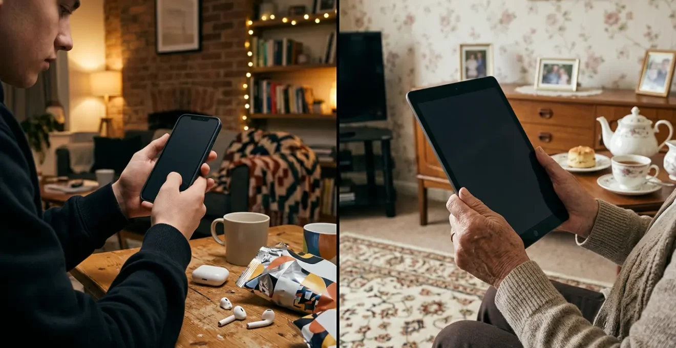 Split screen showing contrasting video consumption styles between young and mature UK viewers