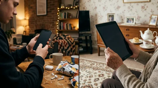 Split screen showing contrasting video consumption styles between young and mature UK viewers