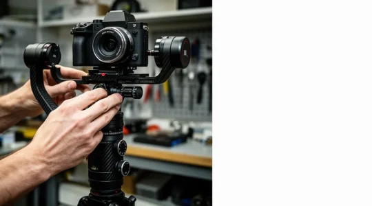 Professional filmmaker balancing a gimbal stabilizer with camera mounted, showing precision adjustment of axes