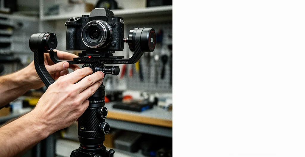 Professional filmmaker balancing a gimbal stabilizer with camera mounted, showing precision adjustment of axes