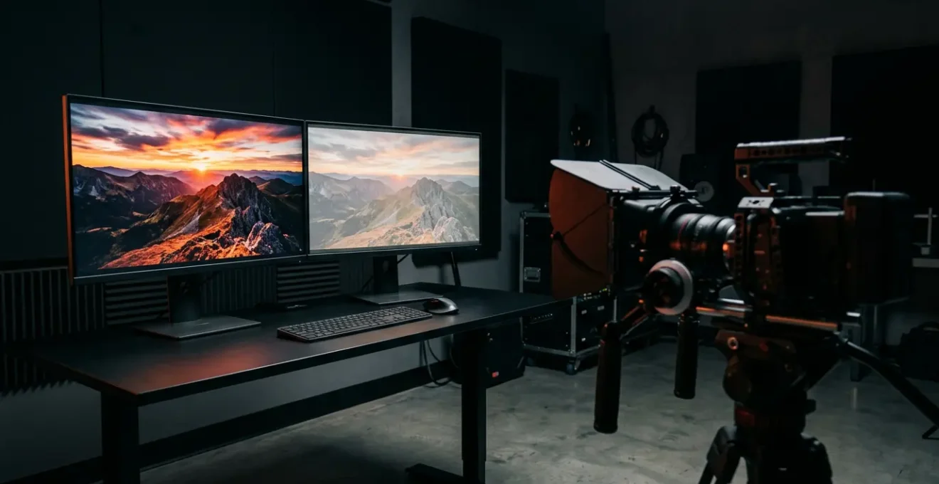 Professional video production studio with dual monitor setup showing HDR and SDR versions side by side