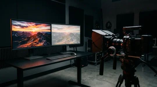 Professional video production studio with dual monitor setup showing HDR and SDR versions side by side