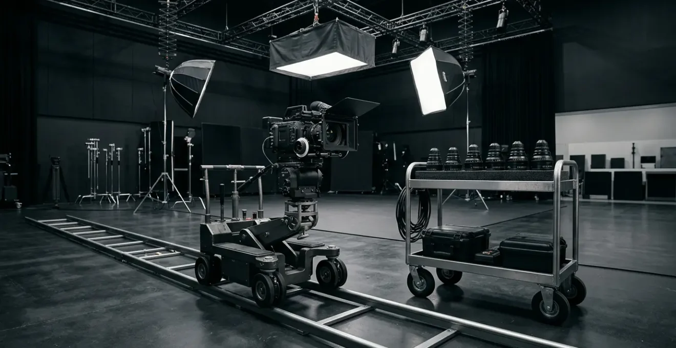 Professional cinema production setup featuring high-end camera lenses and lighting equipment
