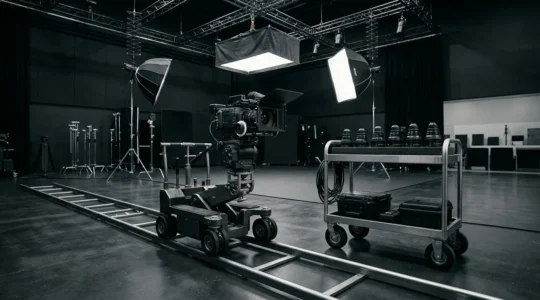 Professional cinema production setup featuring high-end camera lenses and lighting equipment