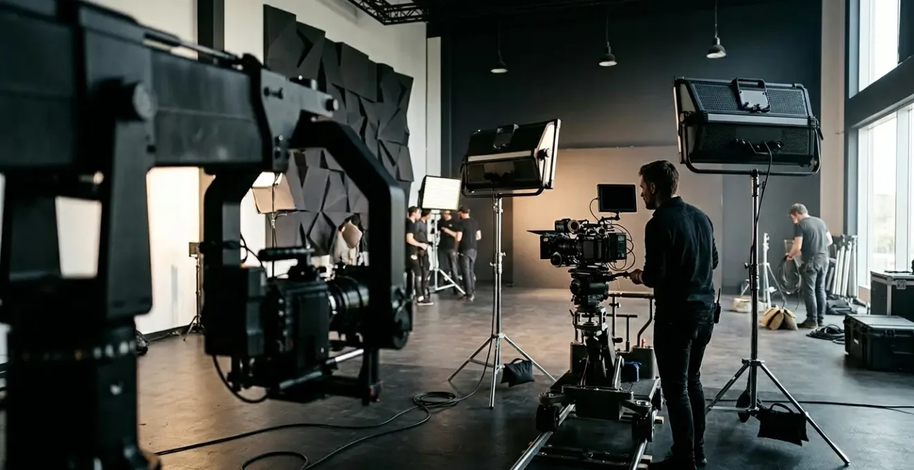 Professional video production studio with expensive equipment and busy crew