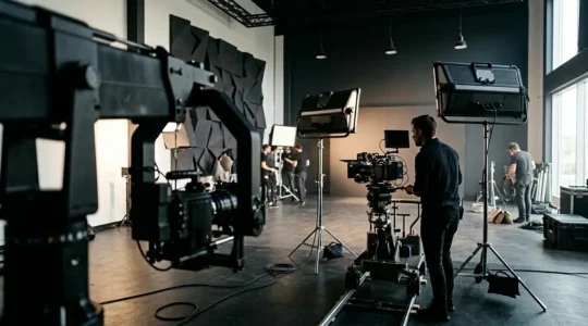 Professional video production studio with expensive equipment and busy crew