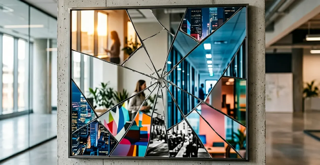 Shattered mirror reflecting different video styles and brand elements