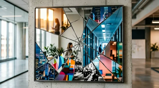 Shattered mirror reflecting different video styles and brand elements
