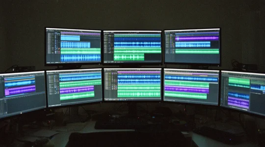 Professional video editor working with multiple timeline layers showing invisible cut techniques in post-production