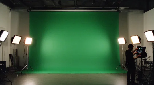 Professional film studio with bi-color LED panels illuminating green screen backdrop, cinematographer adjusting lighting equipment