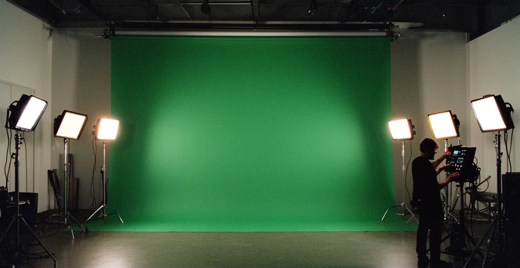 Professional film studio with bi-color LED panels illuminating green screen backdrop, cinematographer adjusting lighting equipment